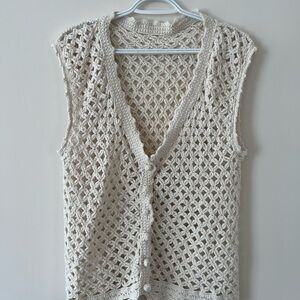 Cream Crochet Knit Sleeveless Button-Front Top